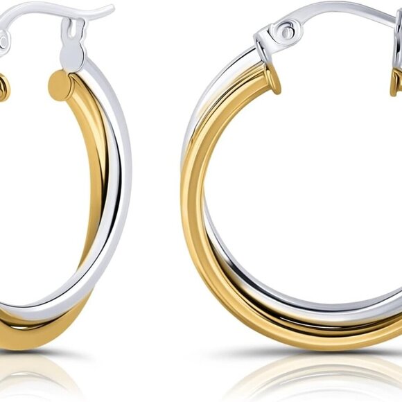 925 Sterling Silver Two-Tone Intertwining Round Double Square-Tube Hoop Earrings - Picture 1 of 6